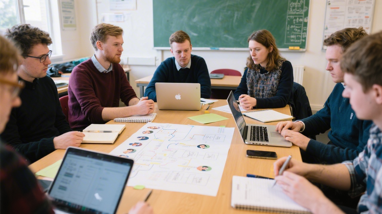 Learners collaborating around a table with notebooks and laptops, reviewing personas and user journey maps during a guided workshop session in a Kilkenny classroom.