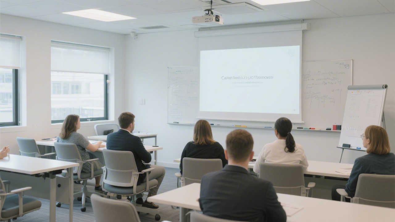 Calm training room with whiteboard, large screen, and comfortable seating arranged for group discussions, illustrating a professional learning environment for UX education.