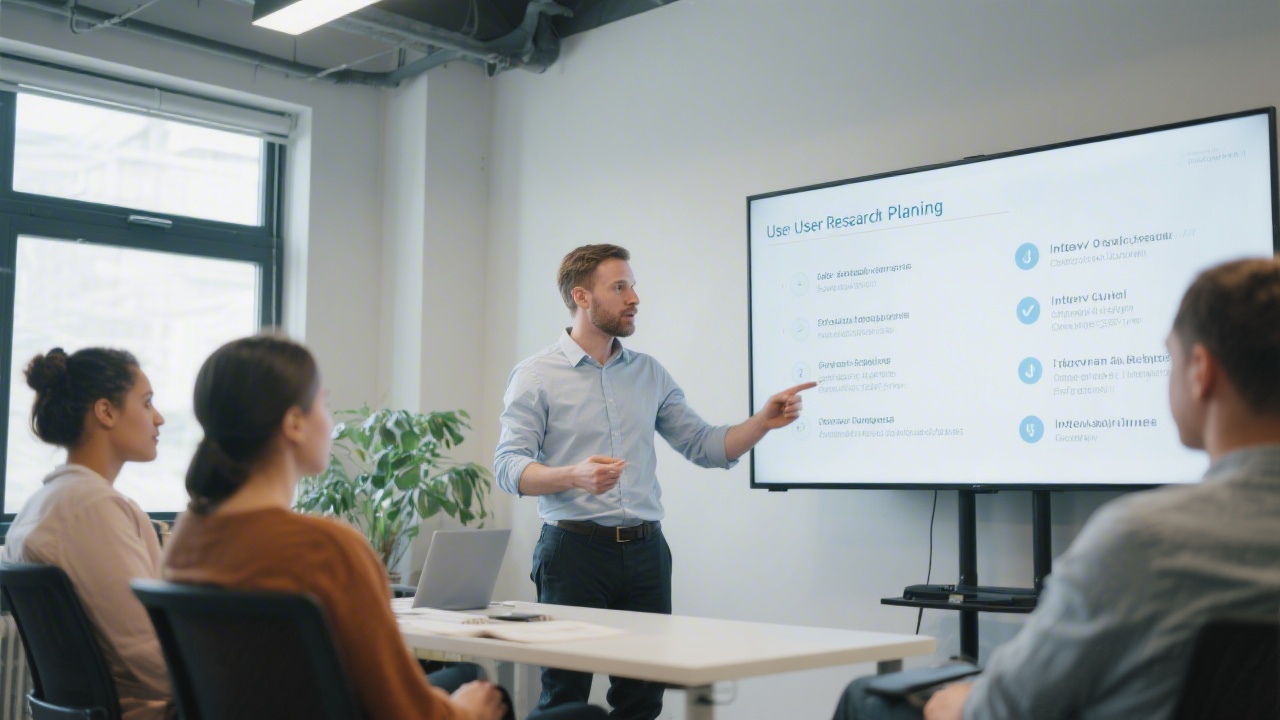 Instructor explaining user research planning to a small class while pointing to a slide with interview objectives, showing a practical education approach in a modern training space.