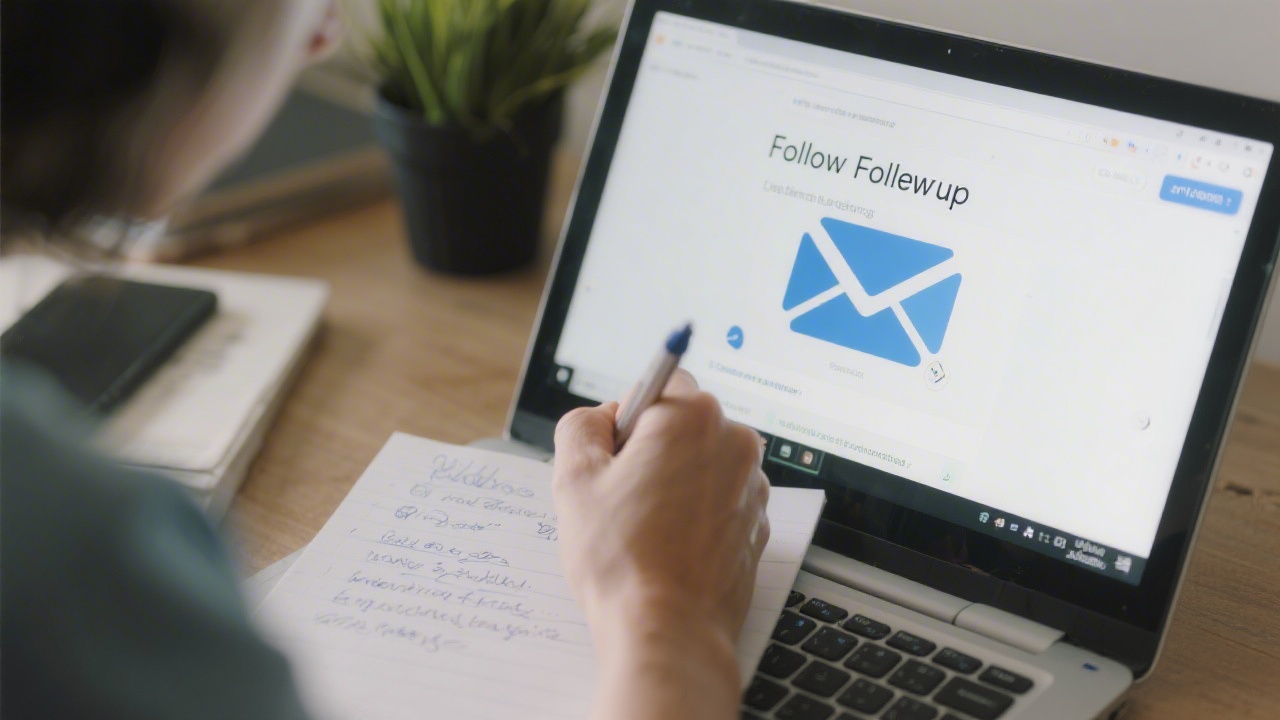 Close-up of a hand writing notes beside an email client on a laptop, representing careful follow-up and thoughtful communication with prospective learners.