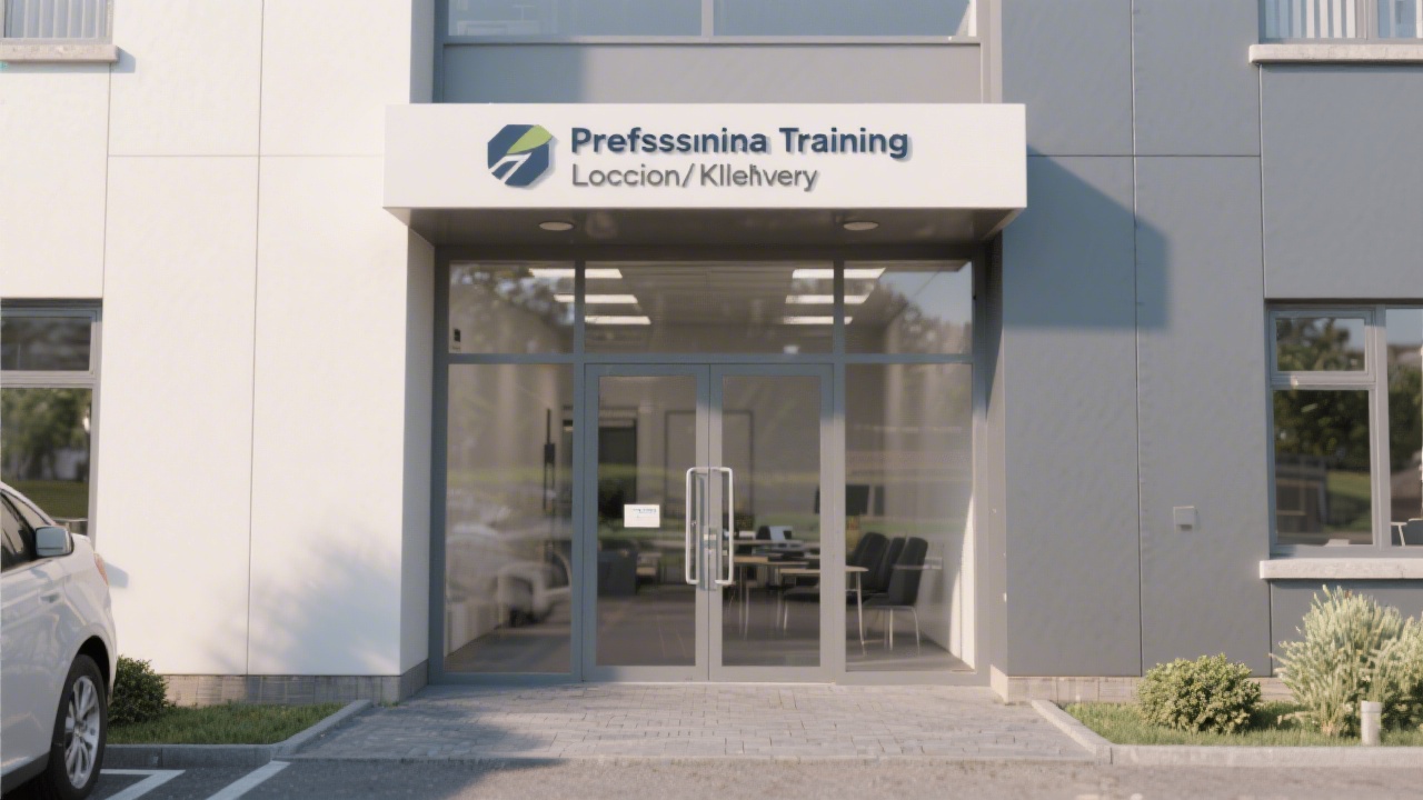 Exterior view of a modern education office entrance with a simple sign and glass doors, representing a professional training location in Kilkenny.