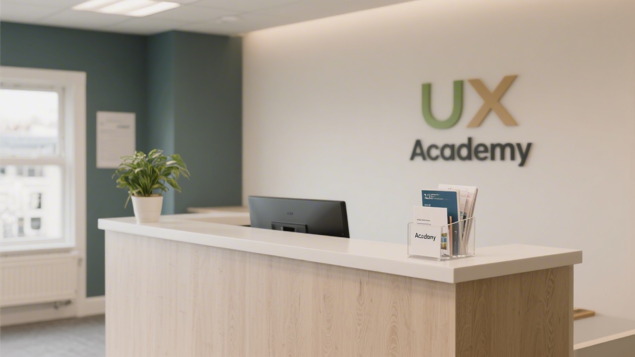 Reception desk area with neutral tones, a small plant, and a brochure holder labeled UX Academy, suggesting a professional education environment in Kilkenny.