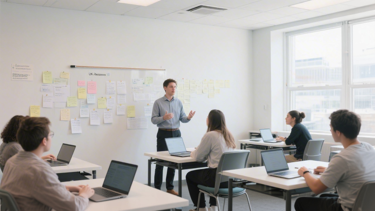 Bright classroom space with students reviewing UX research notes on a large wall, laptops open on tables, and an instructor guiding discussion in a calm, professional setting.