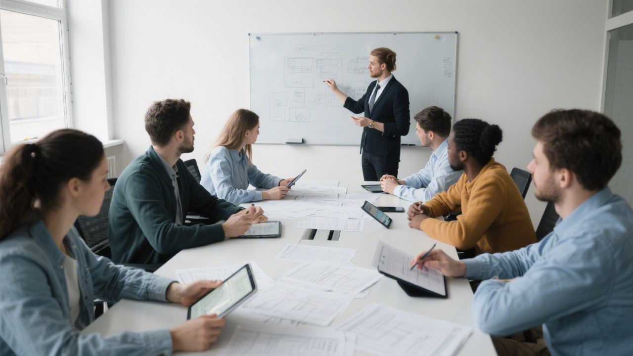 Group of learners seated around a table reviewing wireframes on printed sheets and tablets, with a facilitator noting insights on a whiteboard in a professional training room.