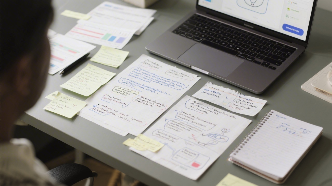 Close-up of annotated UX research notes, participant quotes, and usability task results laid out on a desk with a laptop showing a prototype screen and a notepad of insights.
