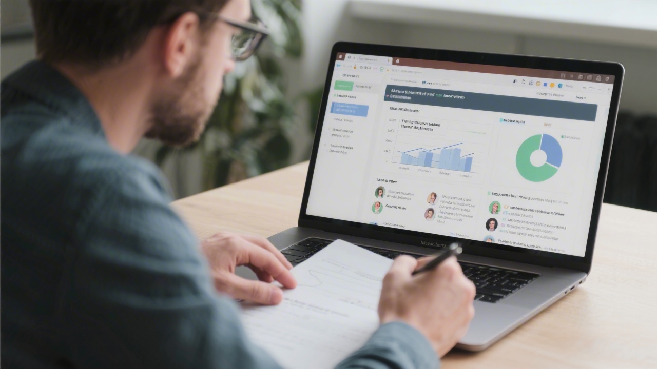UX researcher reviewing a usability test report on a laptop with charts and participant quotes while noting interface changes on paper, showing analytical decision-making.