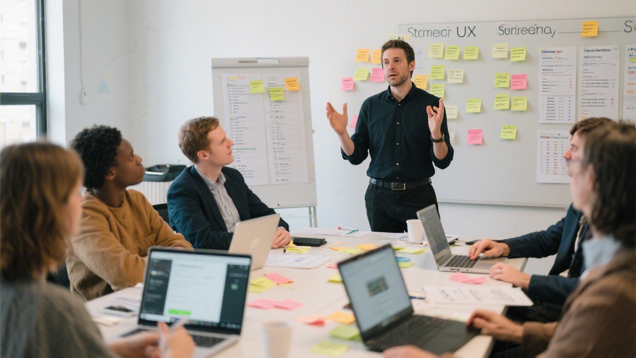 Facilitator leading a structured UX workshop with participants using sticky notes, printed screens, and task lists, indicating a practical, hands-on learning environment.